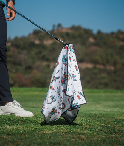Retro Tattoo White - Magnetic Golf Towel